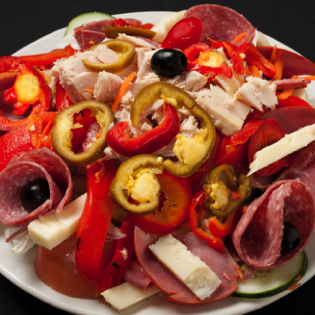 Antipasto  - Salami, capicola, albacore tuna, sharp provolone, and hot cherry peppers atop a Destefano salad